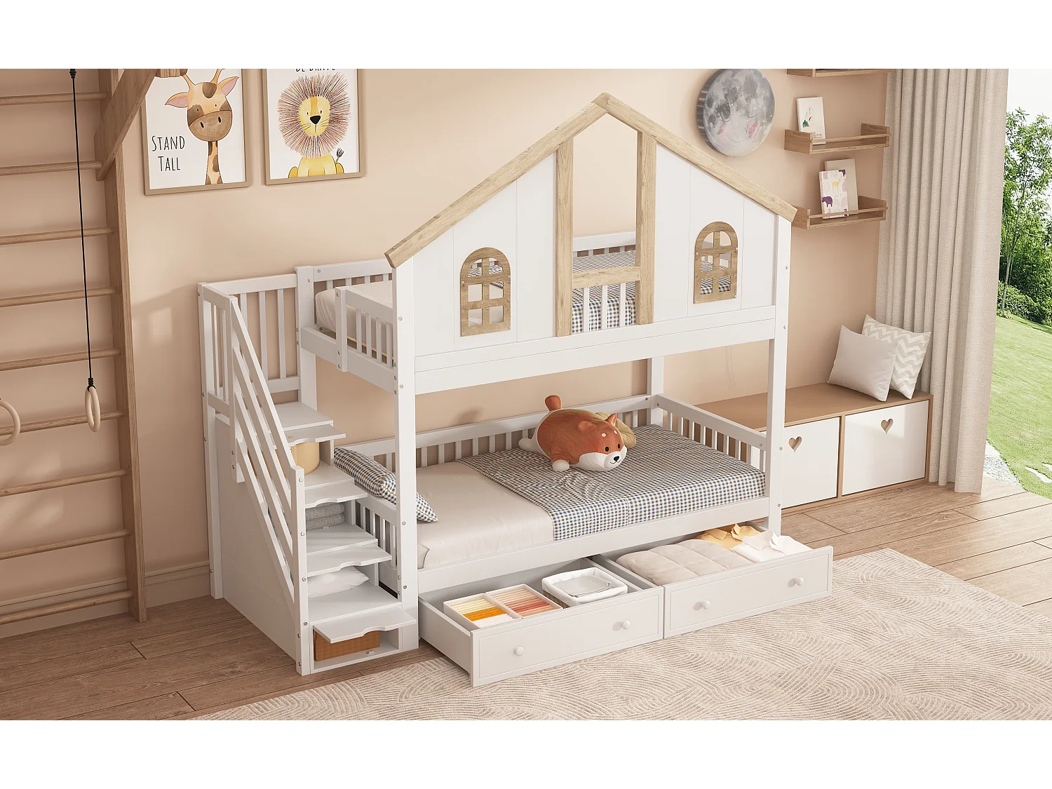 Letto a castello per bambini con protezione colorata, finestra, 2 cassetti e 4 scalette portaoggetti, pino + MDF, bianco + naturale (253x95x222cm)