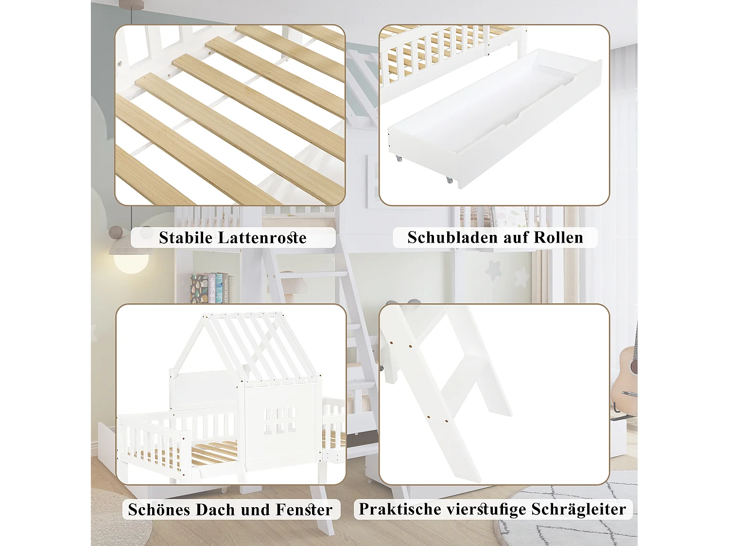 Litera infantil, 2 cajones, techo, ventanas, mesa de lectura, cesta, pino+MDF+CP blanco (205x152x225cm)