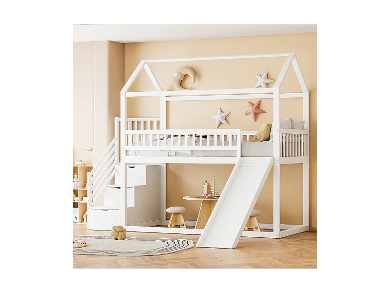 Lit superposé enfant avec toboggan et échelle de rangement, structure sécurisée, cadre en bois massif, blanc (90x200 cm)