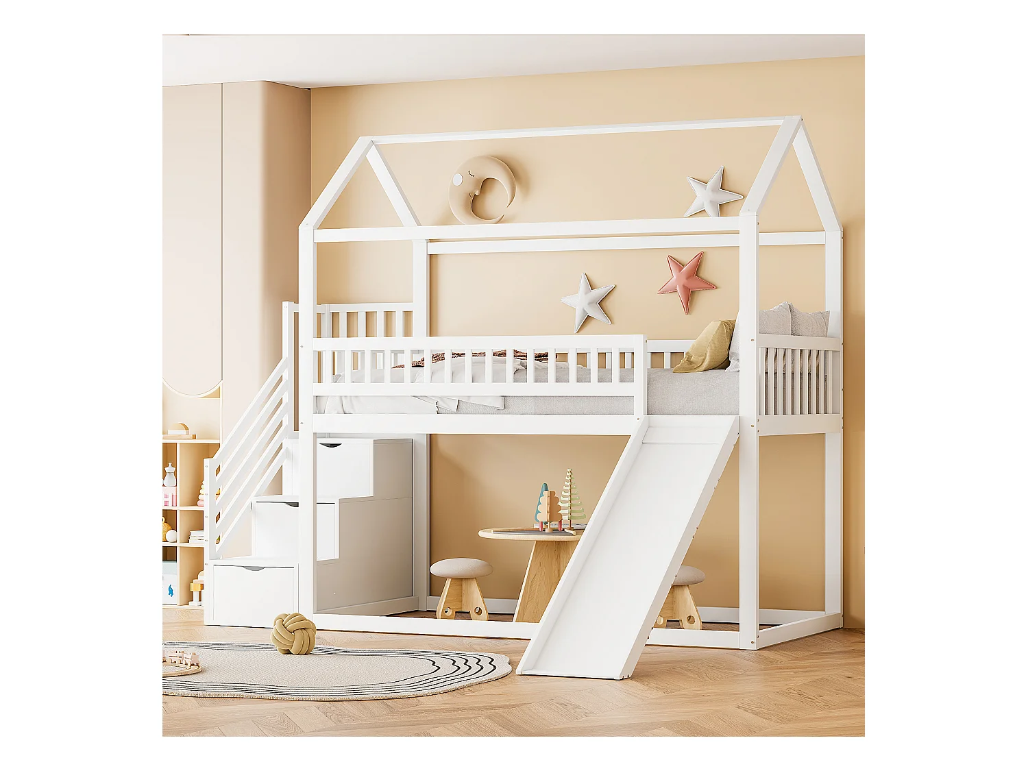 Kinderstapelbed met glijbaan en opbergladder, veilige constructie, massief houten frame, wit (90x200 cm)