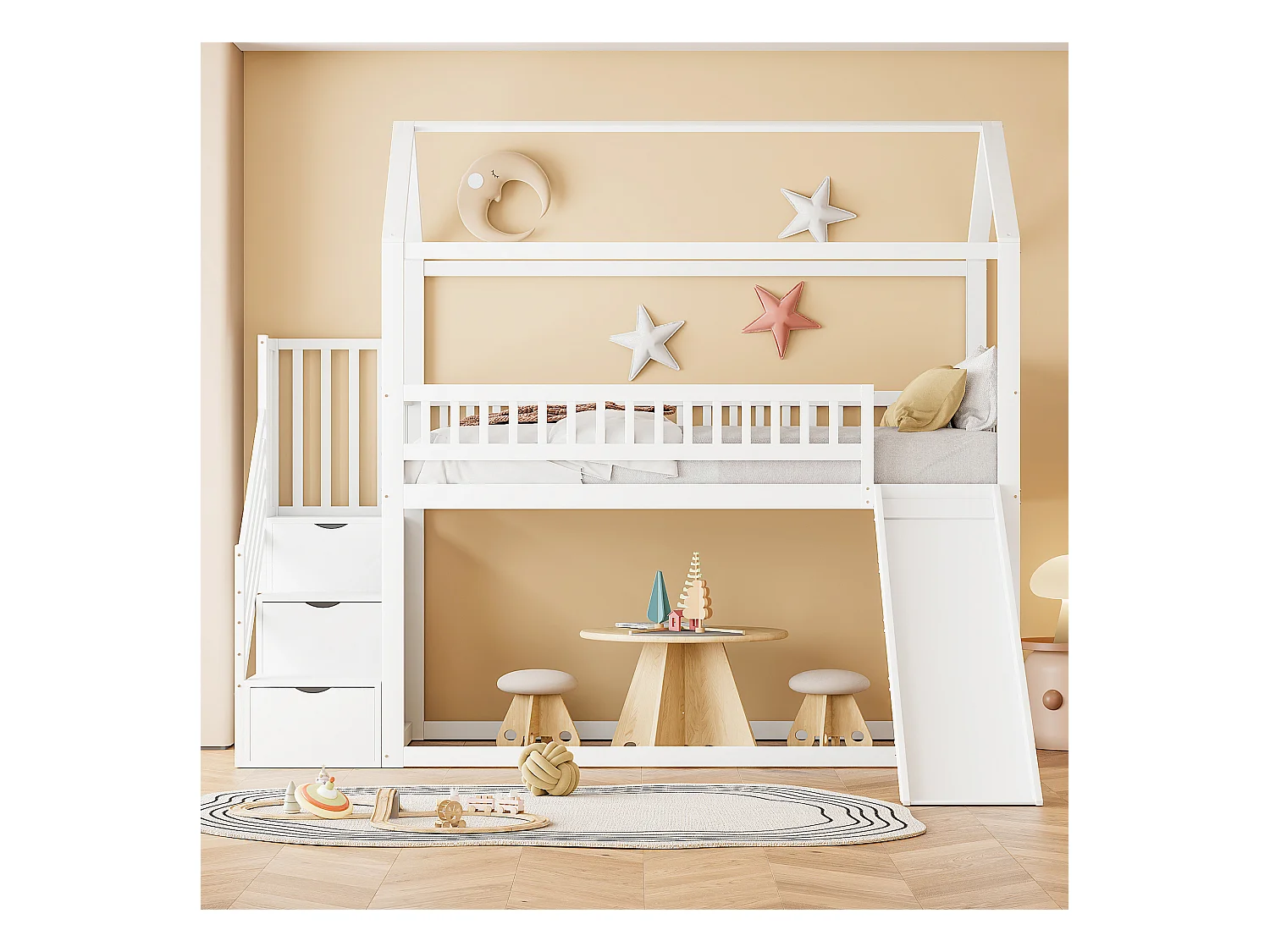 Kinderstapelbed met glijbaan en opbergladder, veilige constructie, massief houten frame, wit (90x200 cm)