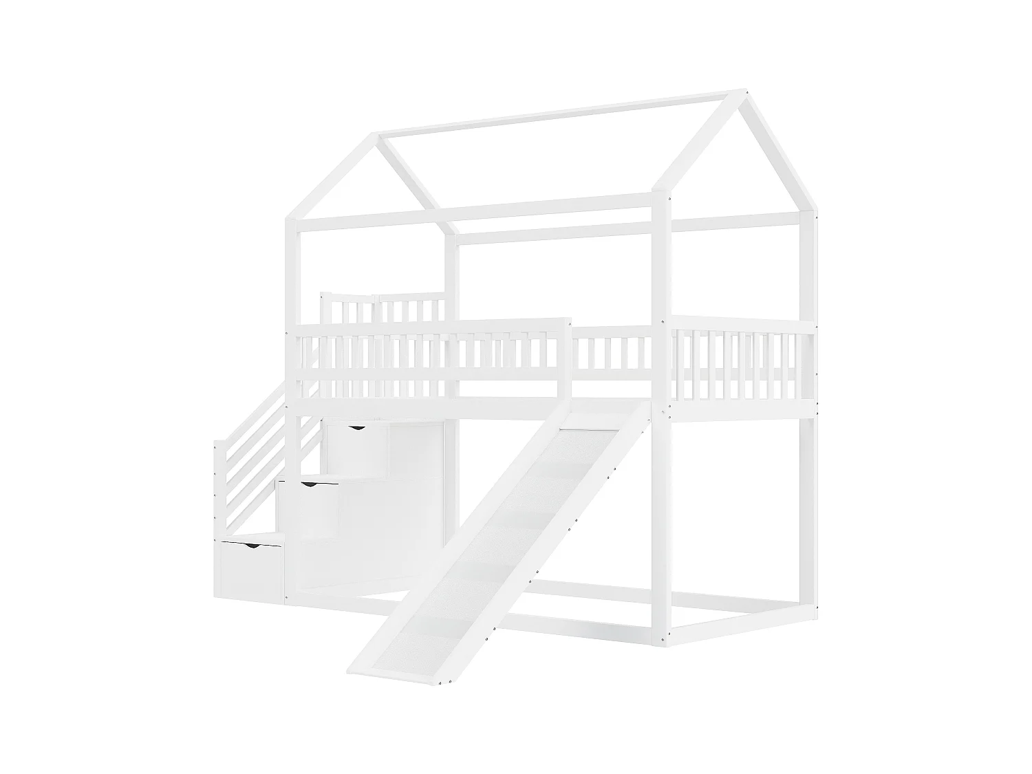 Kinderstapelbed met glijbaan en opbergladder, veilige constructie, massief houten frame, wit (90x200 cm)