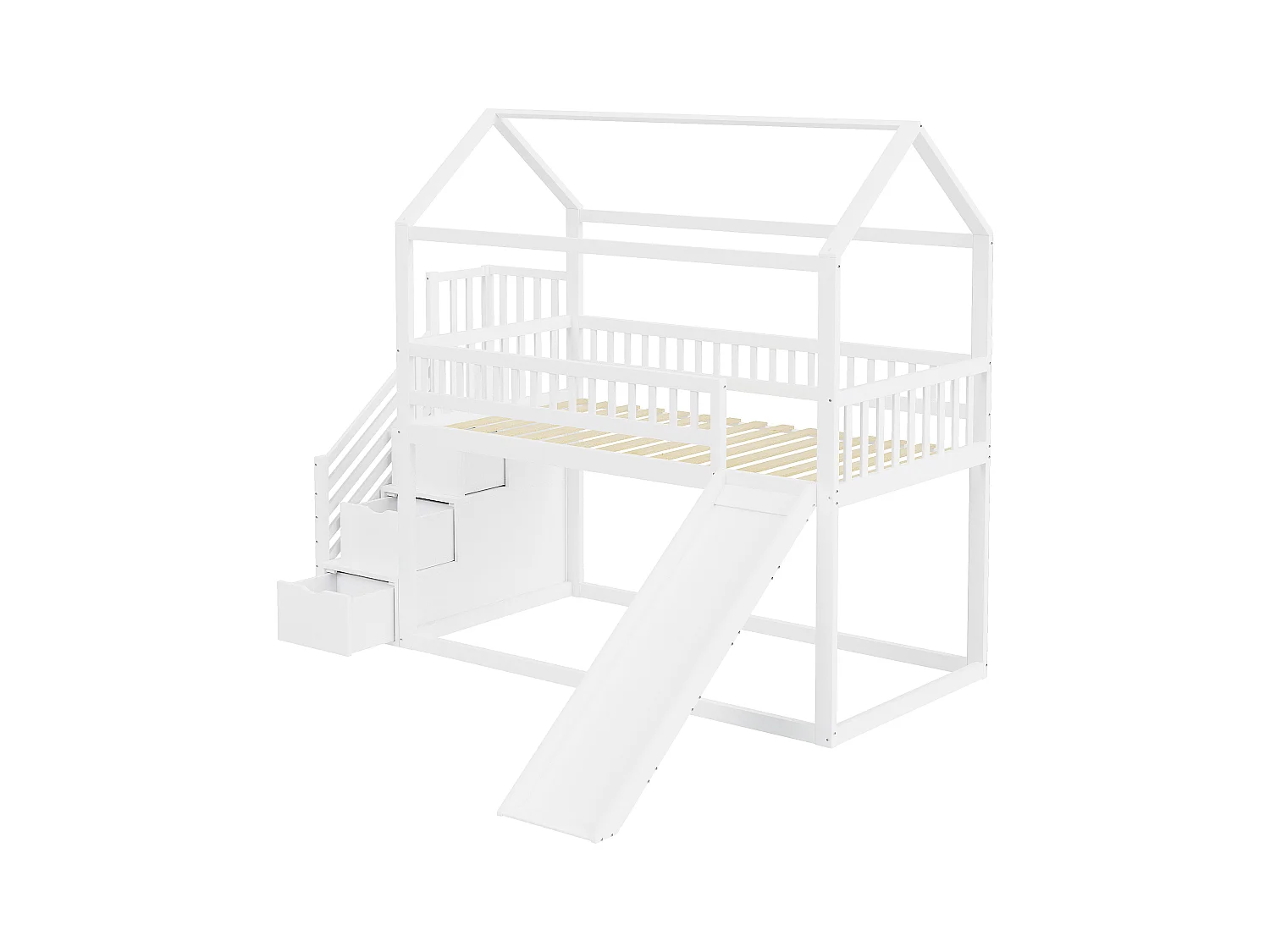 Kinderstapelbed met glijbaan en opbergladder, veilige constructie, massief houten frame, wit (90x200 cm)