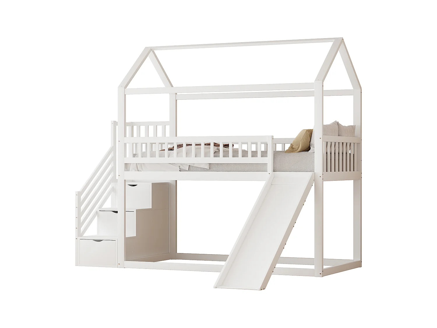 Kinderstapelbed met glijbaan en opbergladder, veilige constructie, massief houten frame, wit (90x200 cm)