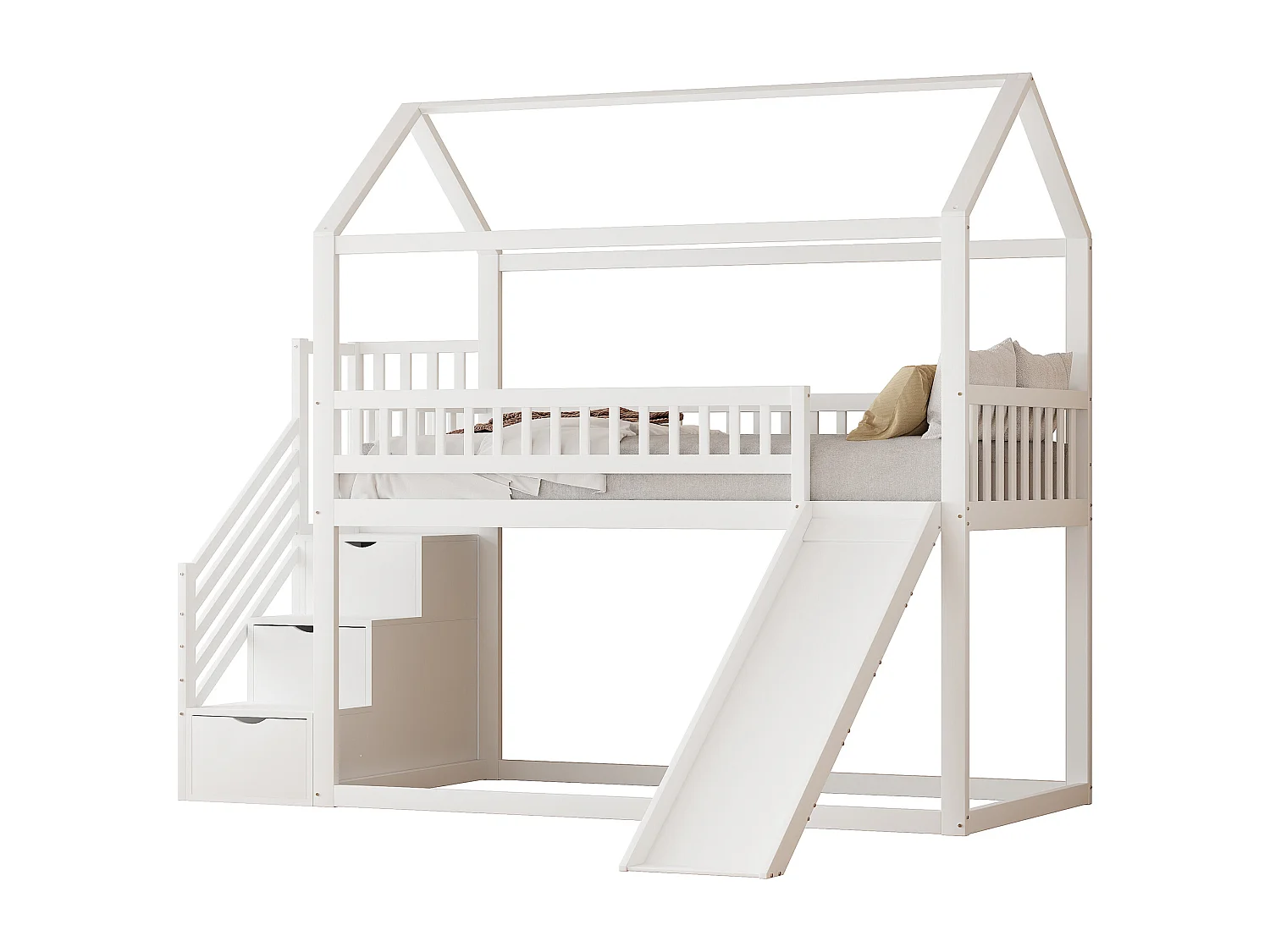 Lit superposé enfant avec toboggan et échelle de rangement, structure sécurisée, cadre en bois massif, blanc (90x200 cm)
