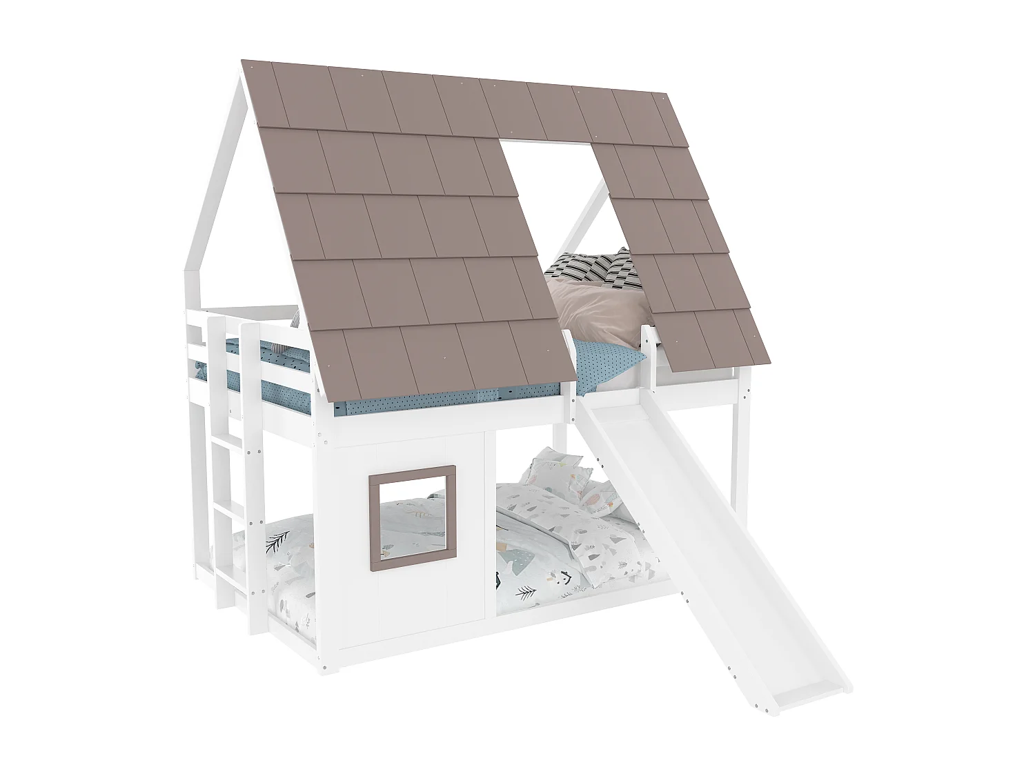 Letto a castello in legno con tetto, scaletta e scivolo, pino e MDF, bianco e marrone (140x200x193 cm)