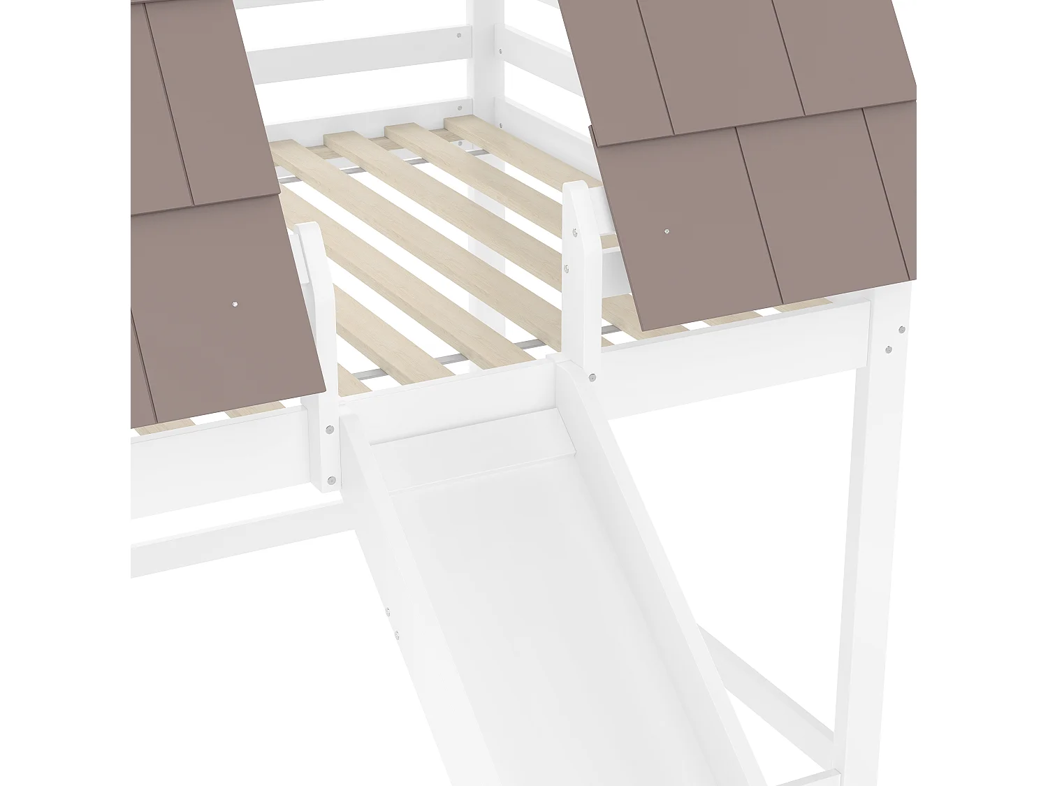 Letto a castello in legno con tetto, scaletta e scivolo, pino e MDF, bianco e marrone (140x200x193 cm)