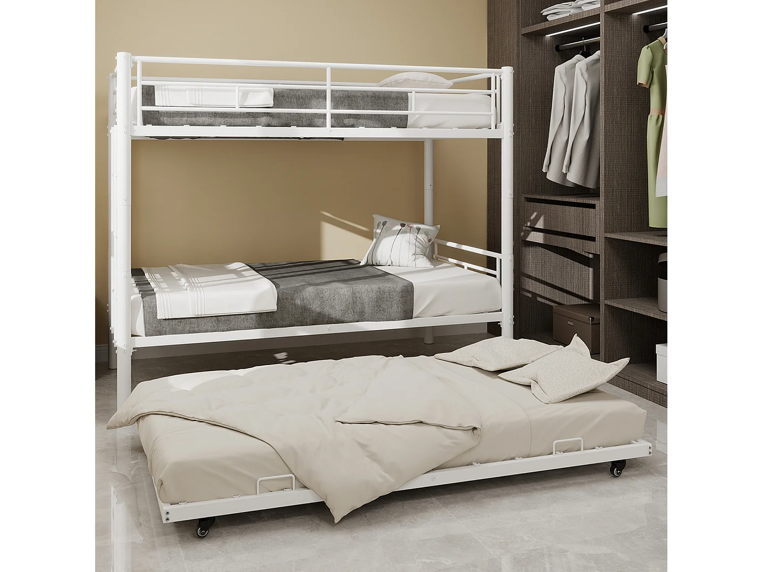 Letto a castello in metallo robusto e silenzioso con due letti singoli e sponda di sicurezza, bianco (196x103x156 cm)