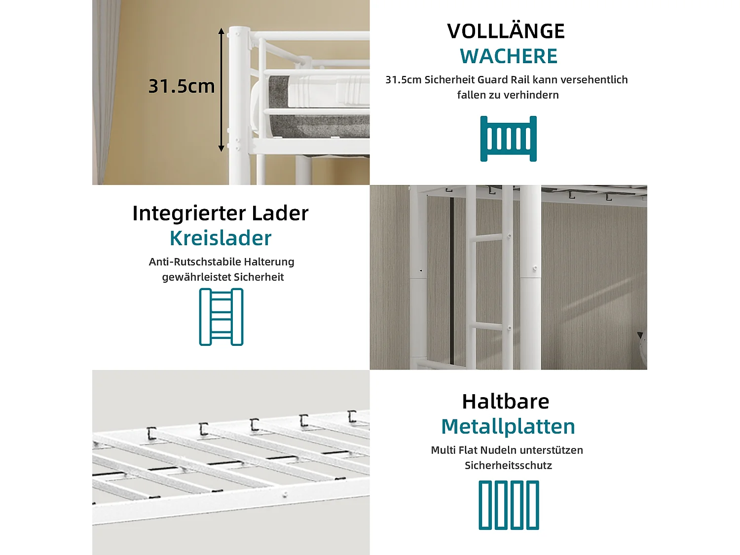 Letto a castello in metallo robusto e silenzioso con due letti singoli e sponda di sicurezza, bianco (196x103x156 cm)