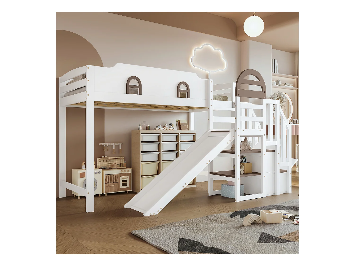Lit superposé avec toboggan pour enfants, design ludique, pin+MDF, blanc+marron, 2 fenêtres et 2 rangements intégrés (257x146x145cm)