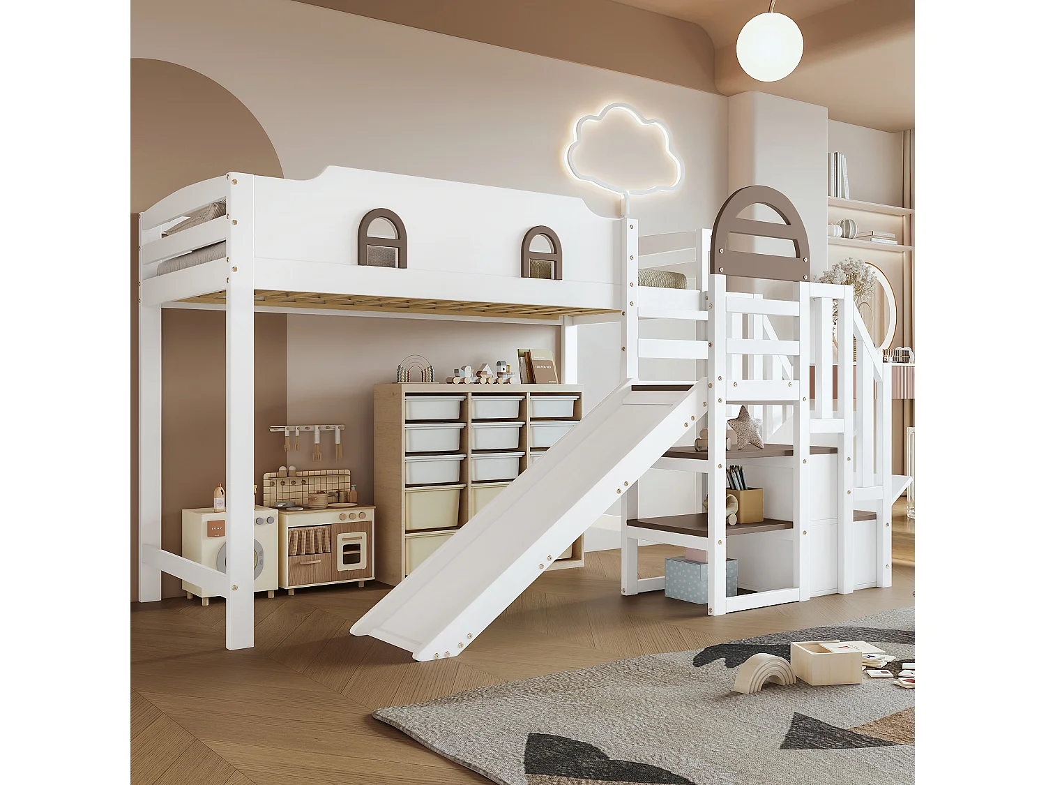 Lit superposé avec toboggan pour enfants, design ludique, pin+MDF, blanc+marron, 2 fenêtres et 2 rangements intégrés (257x146x145cm)