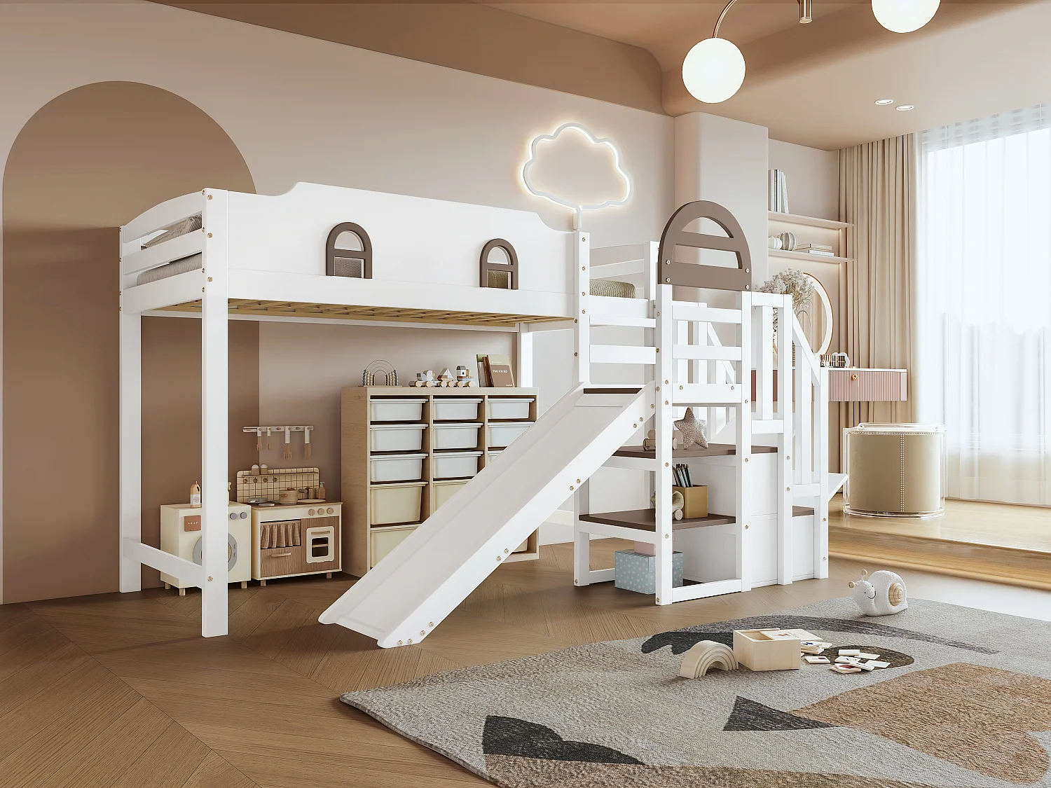 Lit superposé avec toboggan pour enfants, design ludique, pin+MDF, blanc+marron, 2 fenêtres et 2 rangements intégrés (257x146x145cm)