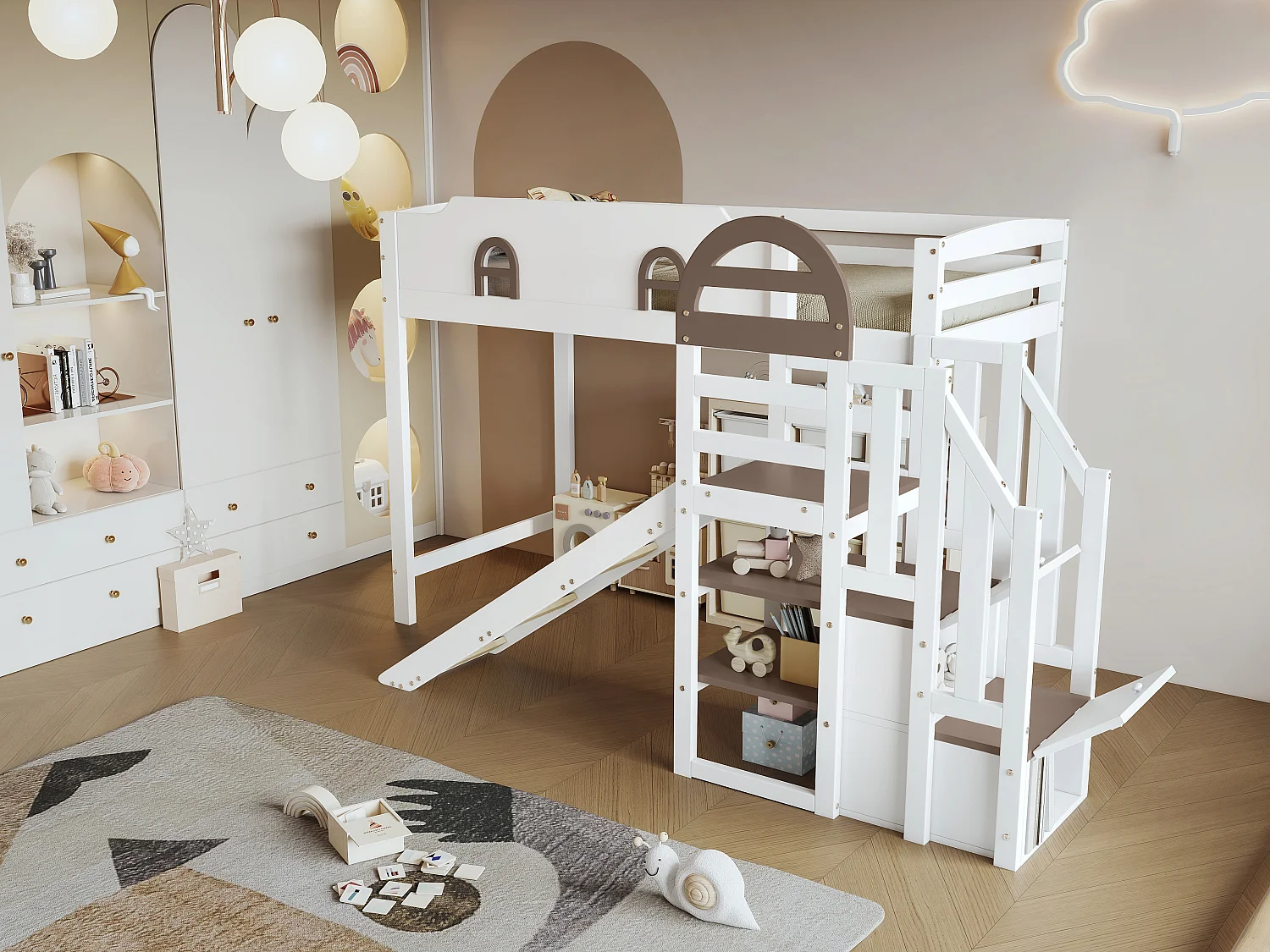 Lit superposé avec toboggan pour enfants, design ludique, pin+MDF, blanc+marron, 2 fenêtres et 2 rangements intégrés (257x146x145cm)