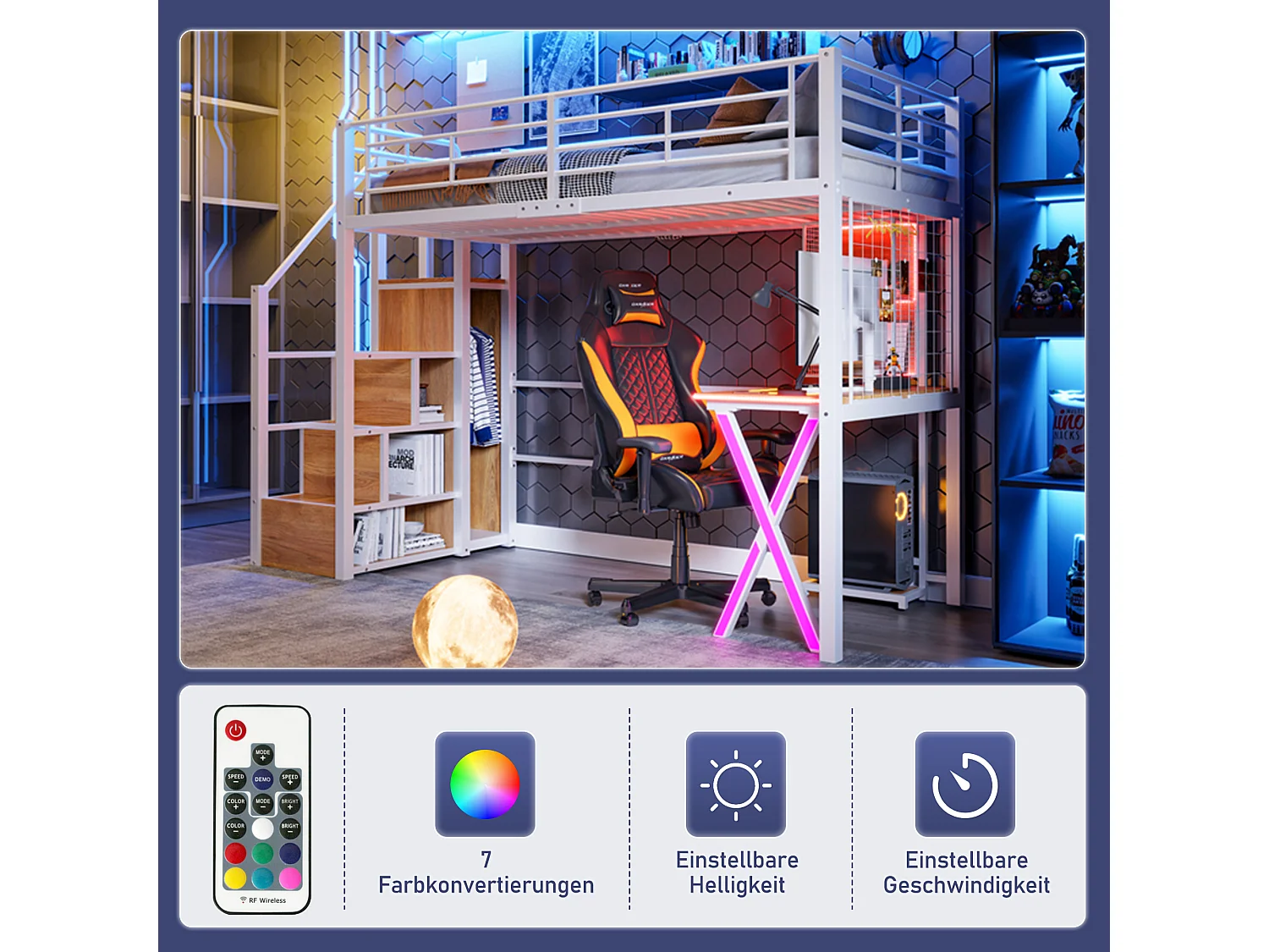 Lit superposé avec bureau, LED intégrées, échelle de rangement, armoire et étagères, métal et MDF, blanc (253.3x95x169cm)