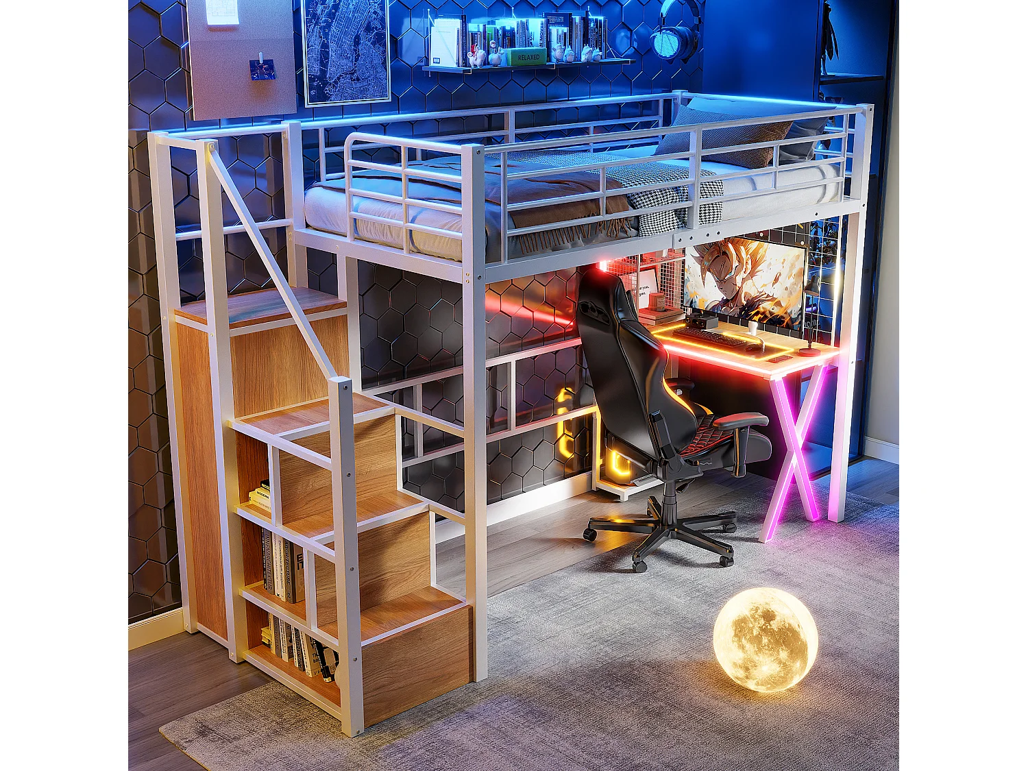 Lit superposé avec bureau, LED intégrées, échelle de rangement, armoire et étagères, métal et MDF, blanc (253.3x95x169cm)