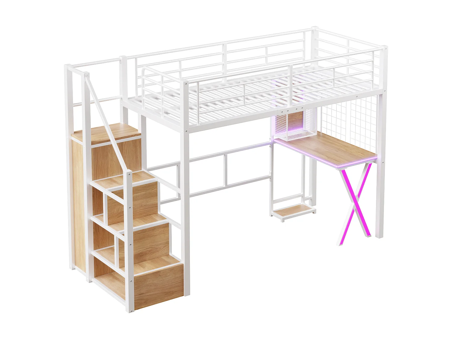 Lit superposé avec bureau, LED intégrées, échelle de rangement, armoire et étagères, métal et MDF, blanc (253.3x95x169cm)