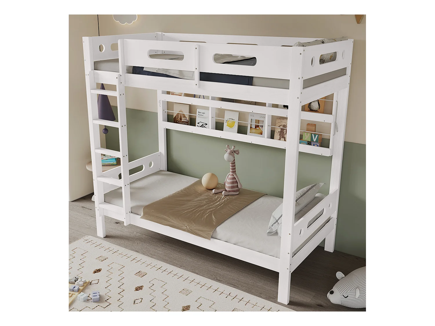 Letto a castello con sponda di sicurezza, scaletta a 5 gradini, ripiani aperti e contenitore, pino + MDF, bianco (90x200cm)