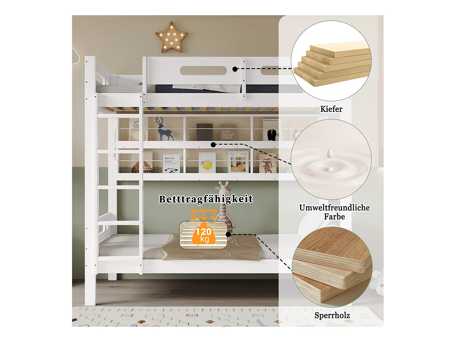 Letto a castello con sponda di sicurezza, scaletta a 5 gradini, ripiani aperti e contenitore, pino + MDF, bianco (90x200cm)