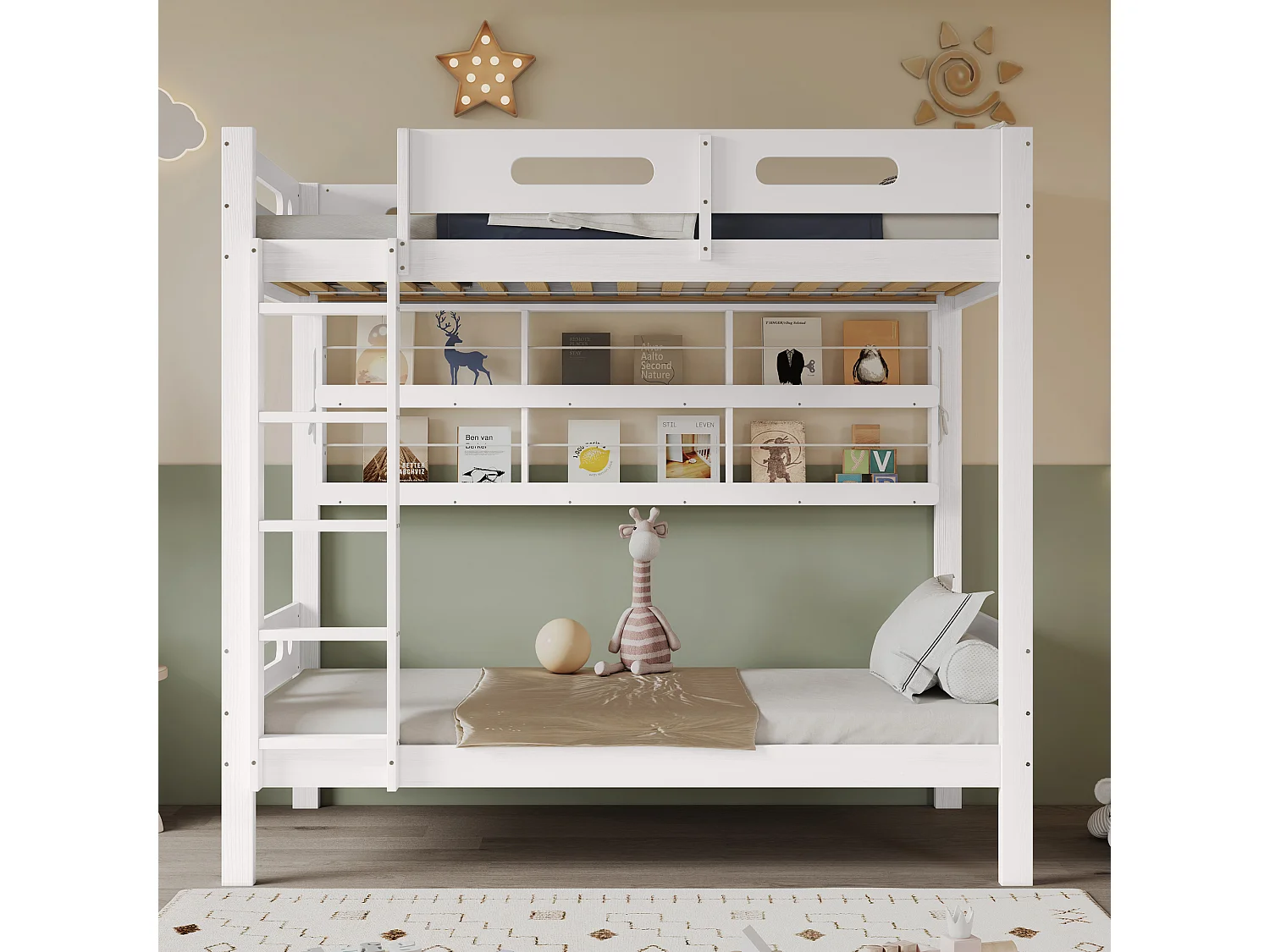 Letto a castello con sponda di sicurezza, scaletta a 5 gradini, ripiani aperti e contenitore, pino + MDF, bianco (90x200cm)