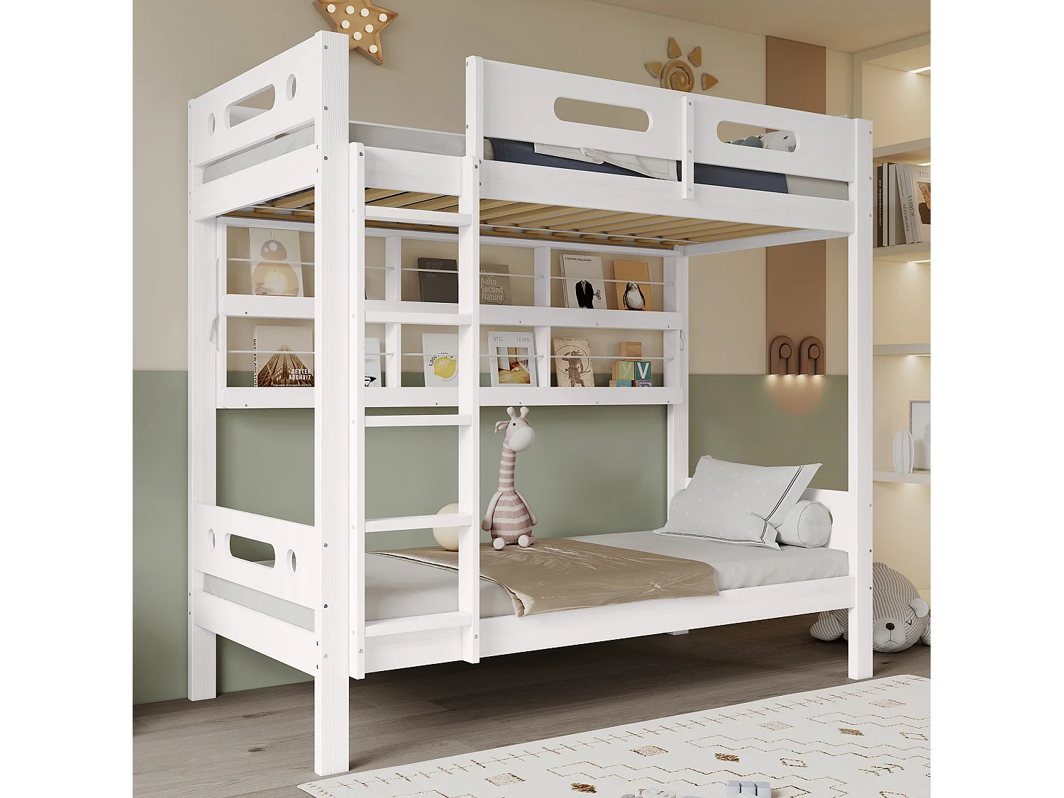 Letto a castello con sponda di sicurezza, scaletta a 5 gradini, ripiani aperti e contenitore, pino + MDF, bianco (90x200cm)