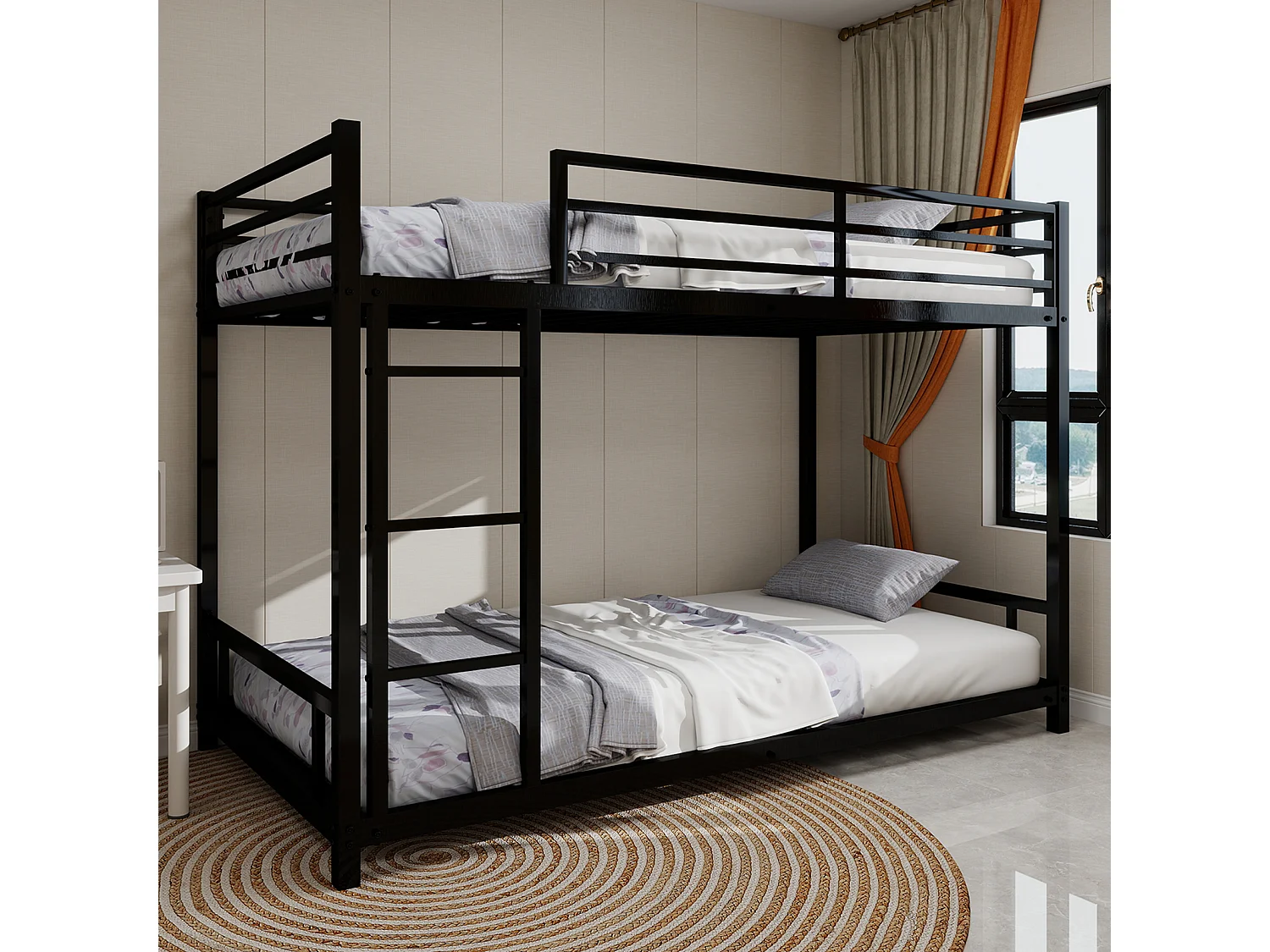 Letto a castello in metallo robusto, design moderno e silenzioso, con ringhiera di sicurezza, ferro, nero (197x104x137cm)