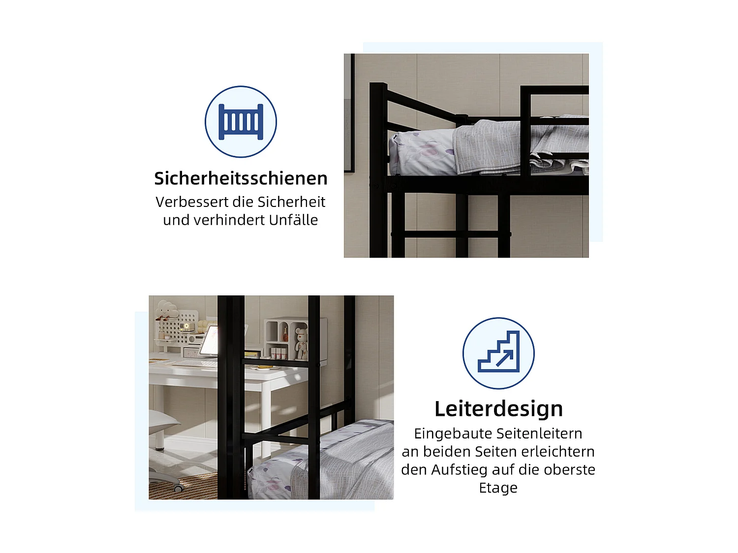 Letto a castello in metallo robusto, design moderno e silenzioso, con ringhiera di sicurezza, ferro, nero (197x104x137cm)