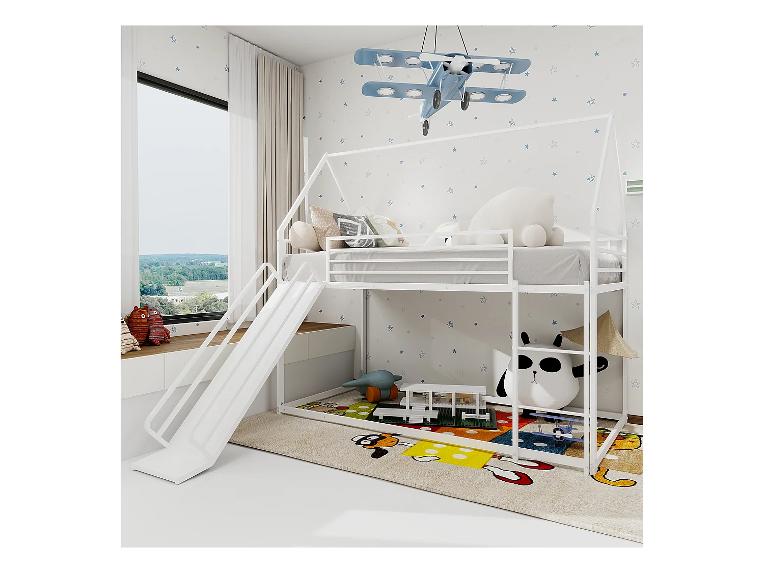 Lit superposé jumeau avec toboggan, design maison pour enfants, structure en métal, blanc (194x105x179cm)