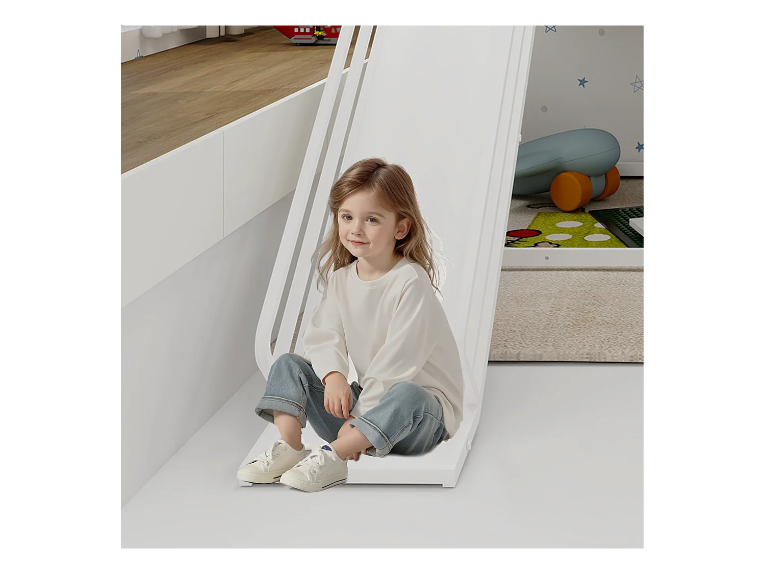Lit superposé jumeau avec toboggan, design maison pour enfants, structure en métal, blanc (194x105x179cm)