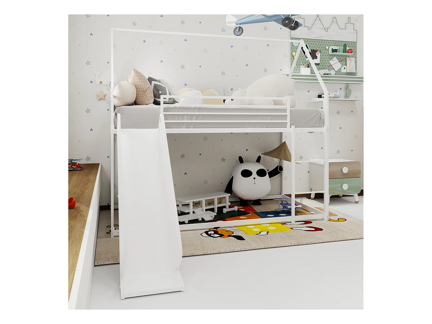 Lit superposé jumeau avec toboggan, design maison pour enfants, structure en métal, blanc (194x105x179cm)
