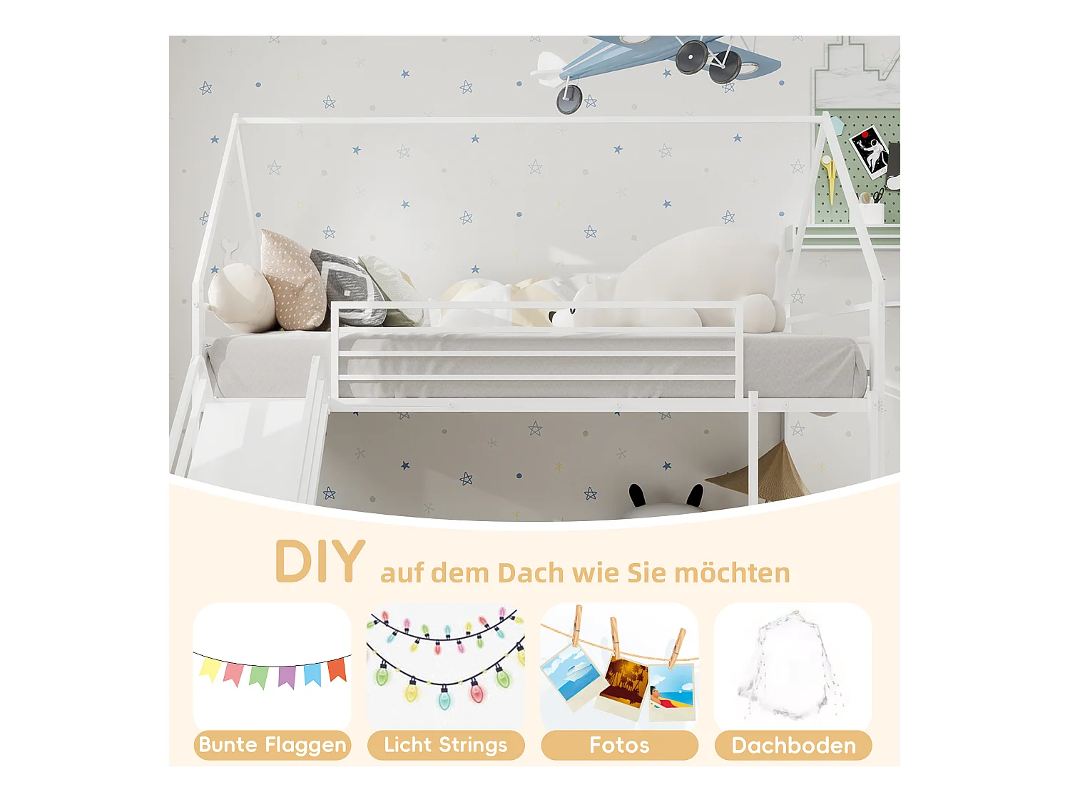 Lit superposé jumeau avec toboggan, design maison pour enfants, structure en métal, blanc (194x105x179cm)