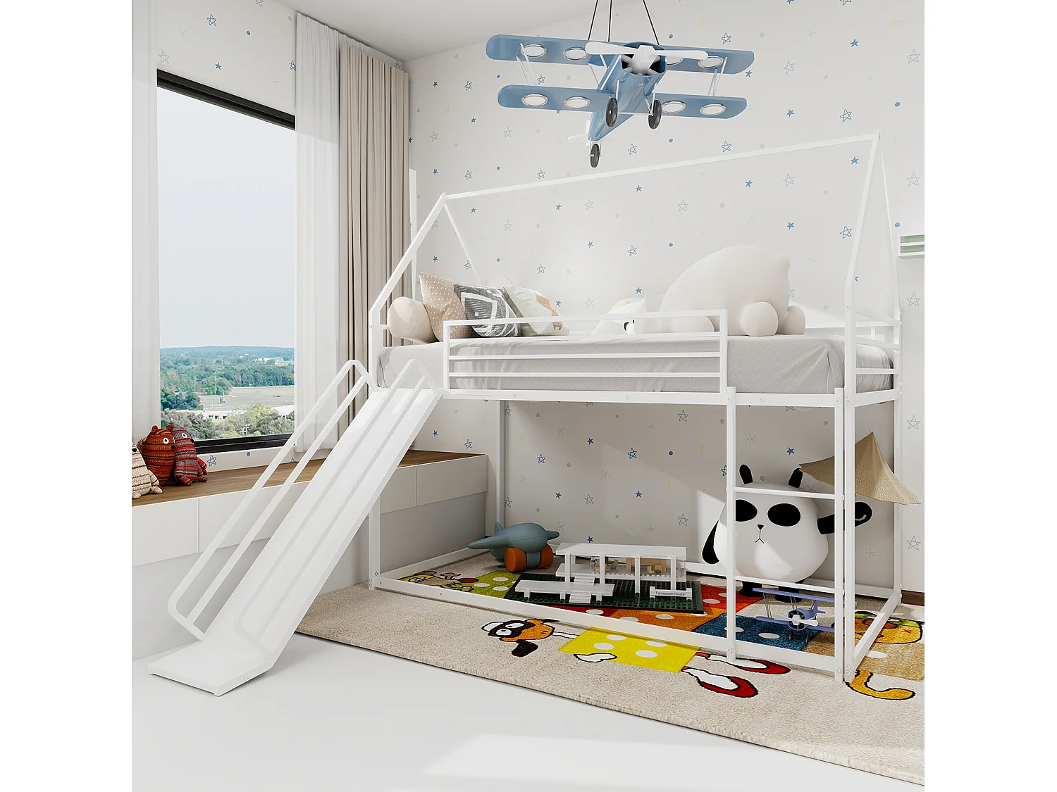 Letto a castello singolo con scivolo, design casetta per bambini, struttura in metallo, bianco (194x105x179 cm)