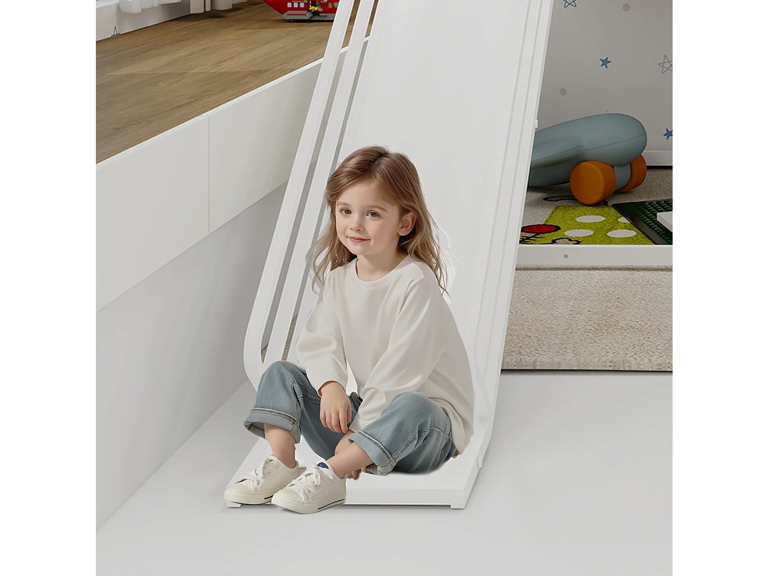 Letto a castello singolo con scivolo, design casetta per bambini, struttura in metallo, bianco (194x105x179 cm)