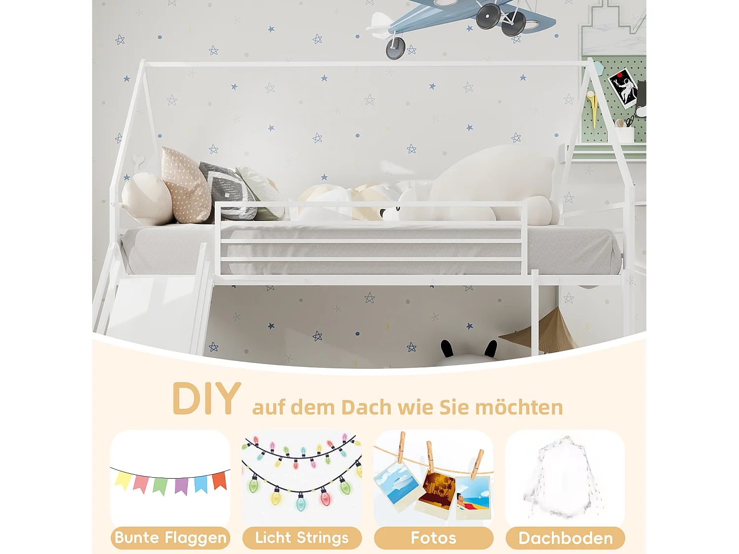 Letto a castello singolo con scivolo, design casetta per bambini, struttura in metallo, bianco (194x105x179 cm)