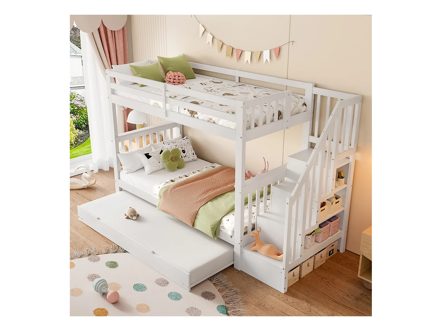 Letto a castello con scaletta integrata, letto pieghevole, pino e MDF, bianco, sponde di sicurezza alte (90x200cm)