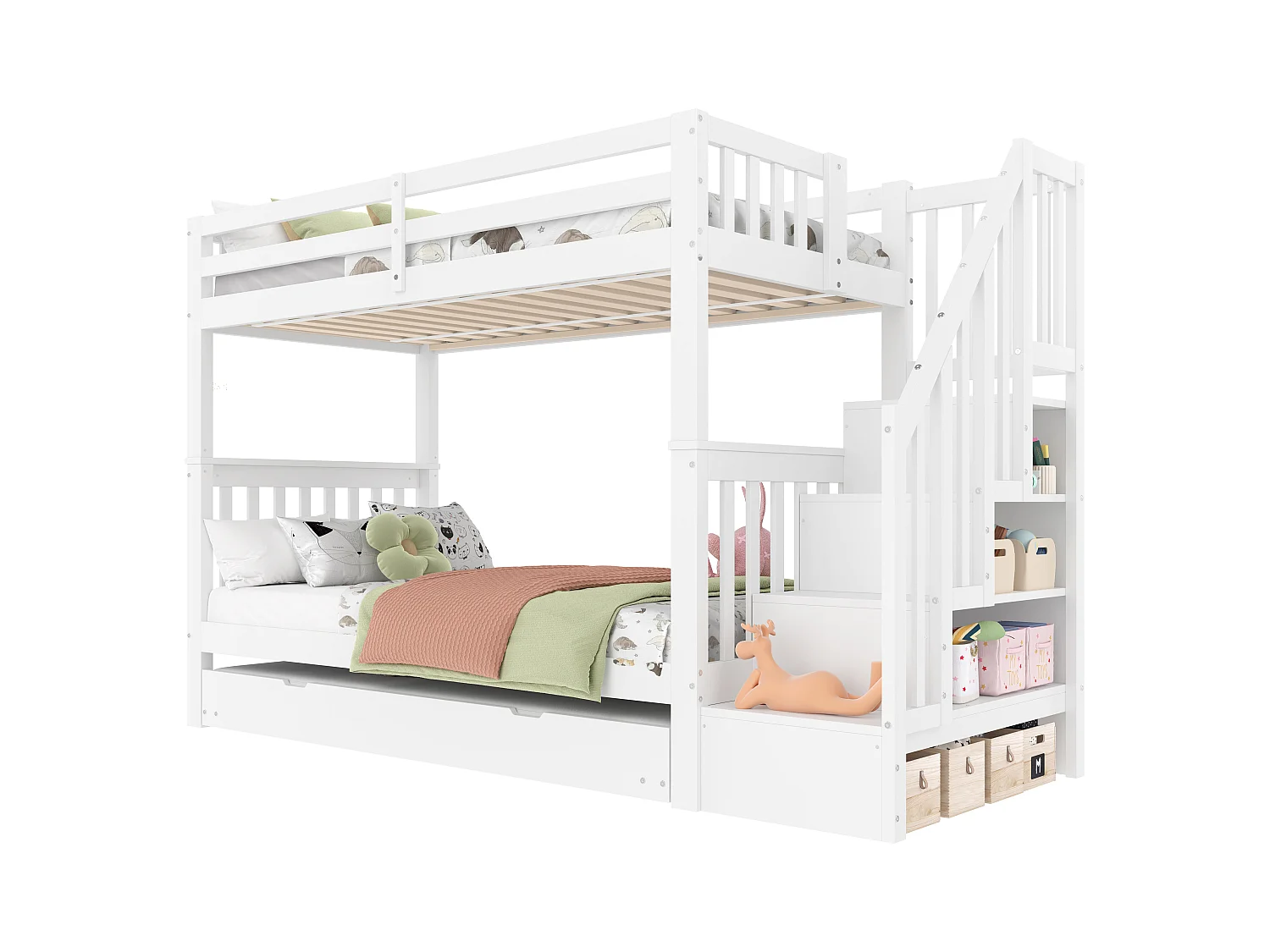 Letto a castello con scaletta integrata, letto pieghevole, pino e MDF, bianco, sponde di sicurezza alte (90x200cm)