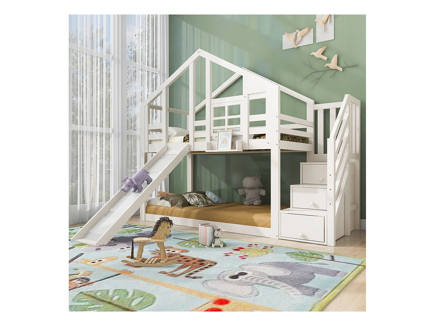 Letto a castello per bambini a forma di casa sull'albero con scivolo e protezione, in legno massello e MDF, bianco (90x200 cm)