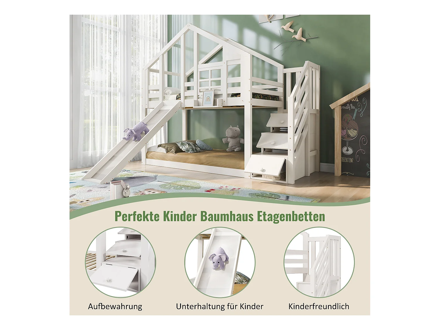 Letto a castello per bambini a forma di casa sull'albero con scivolo e protezione, in legno massello e MDF, bianco (90x200 cm)