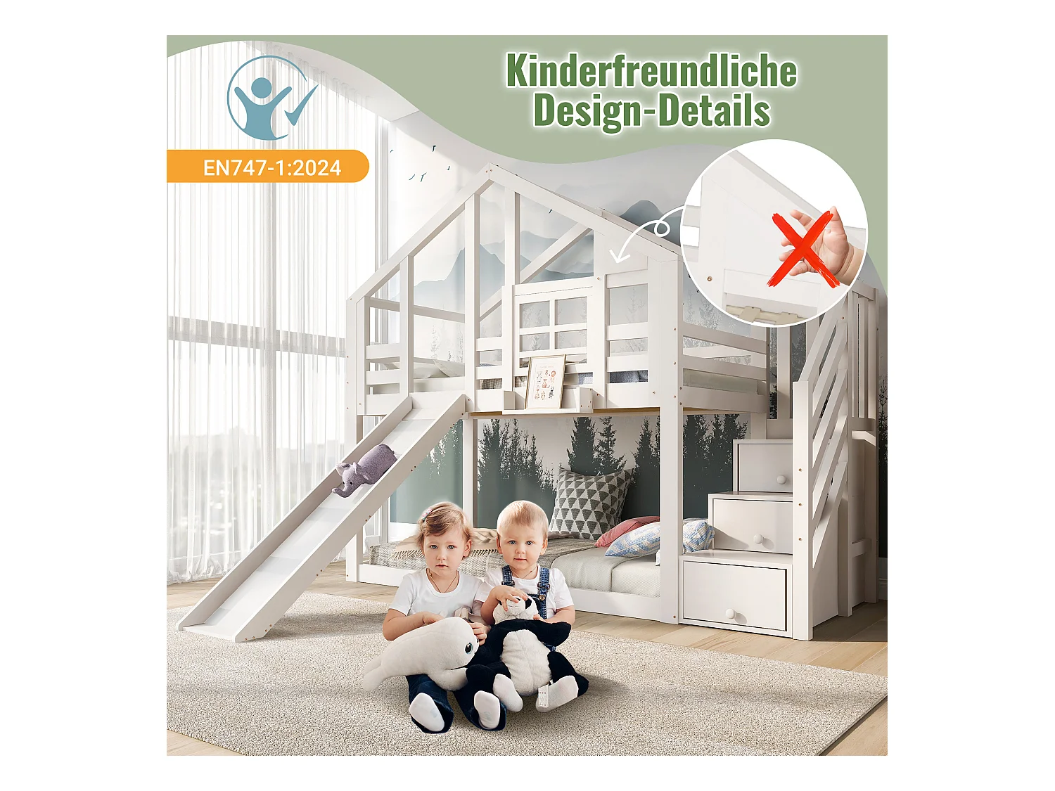 Letto a castello per bambini a forma di casa sull'albero con scivolo e protezione, in legno massello e MDF, bianco (90x200 cm)