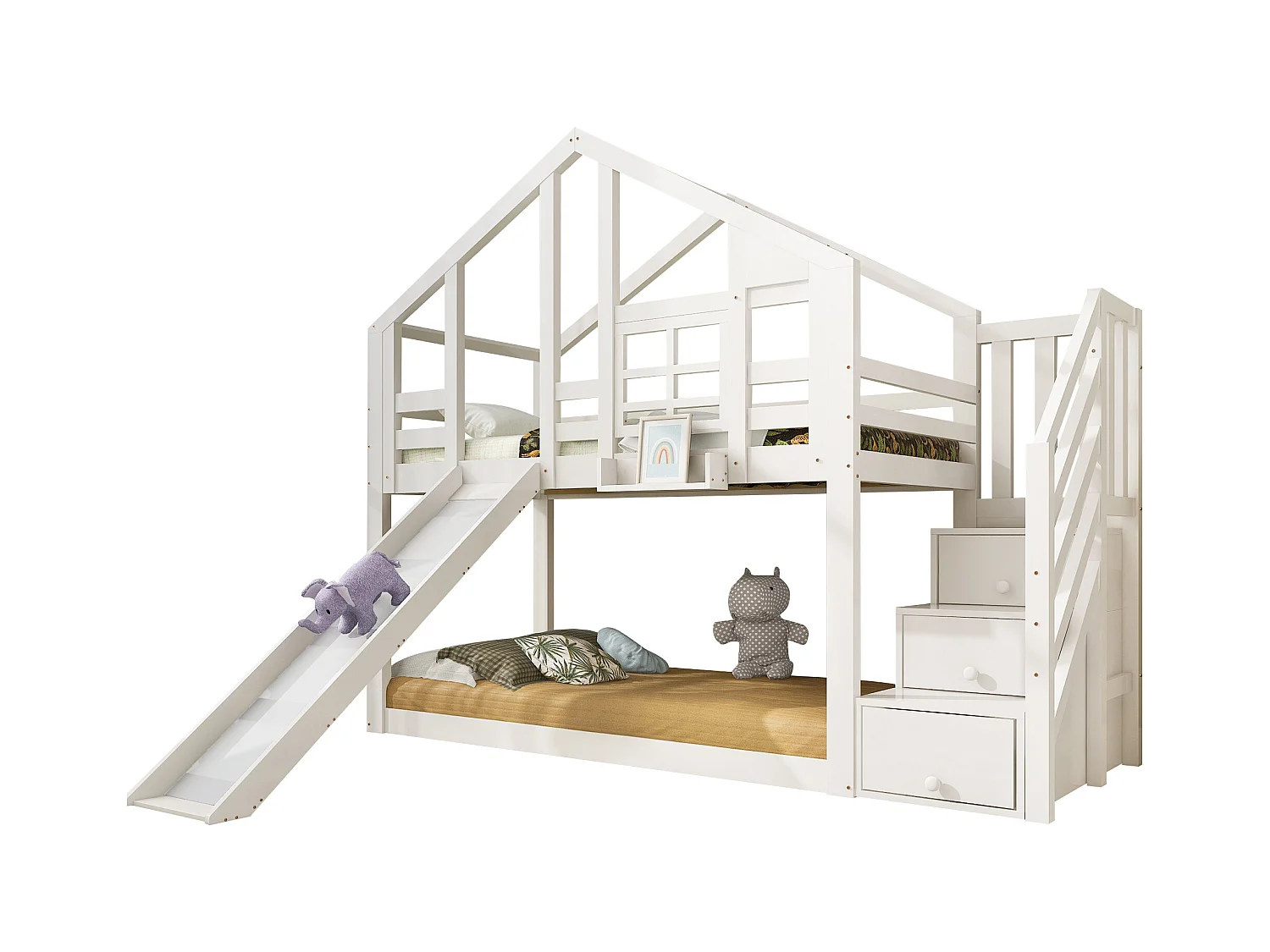 Letto a castello per bambini a forma di casa sull'albero con scivolo e protezione, in legno massello e MDF, bianco (90x200 cm)