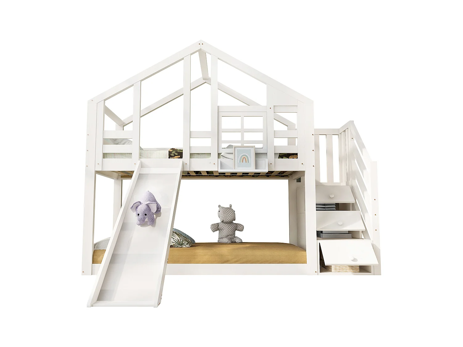 Letto a castello per bambini a forma di casa sull'albero con scivolo e protezione, in legno massello e MDF, bianco (90x200 cm)