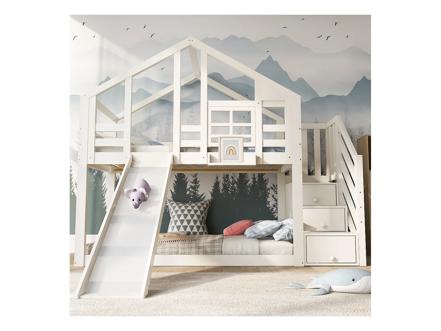 Letto a castello per bambini a forma di casa sull'albero con scivolo e protezione, in legno massello e MDF, bianco (90x200 cm)