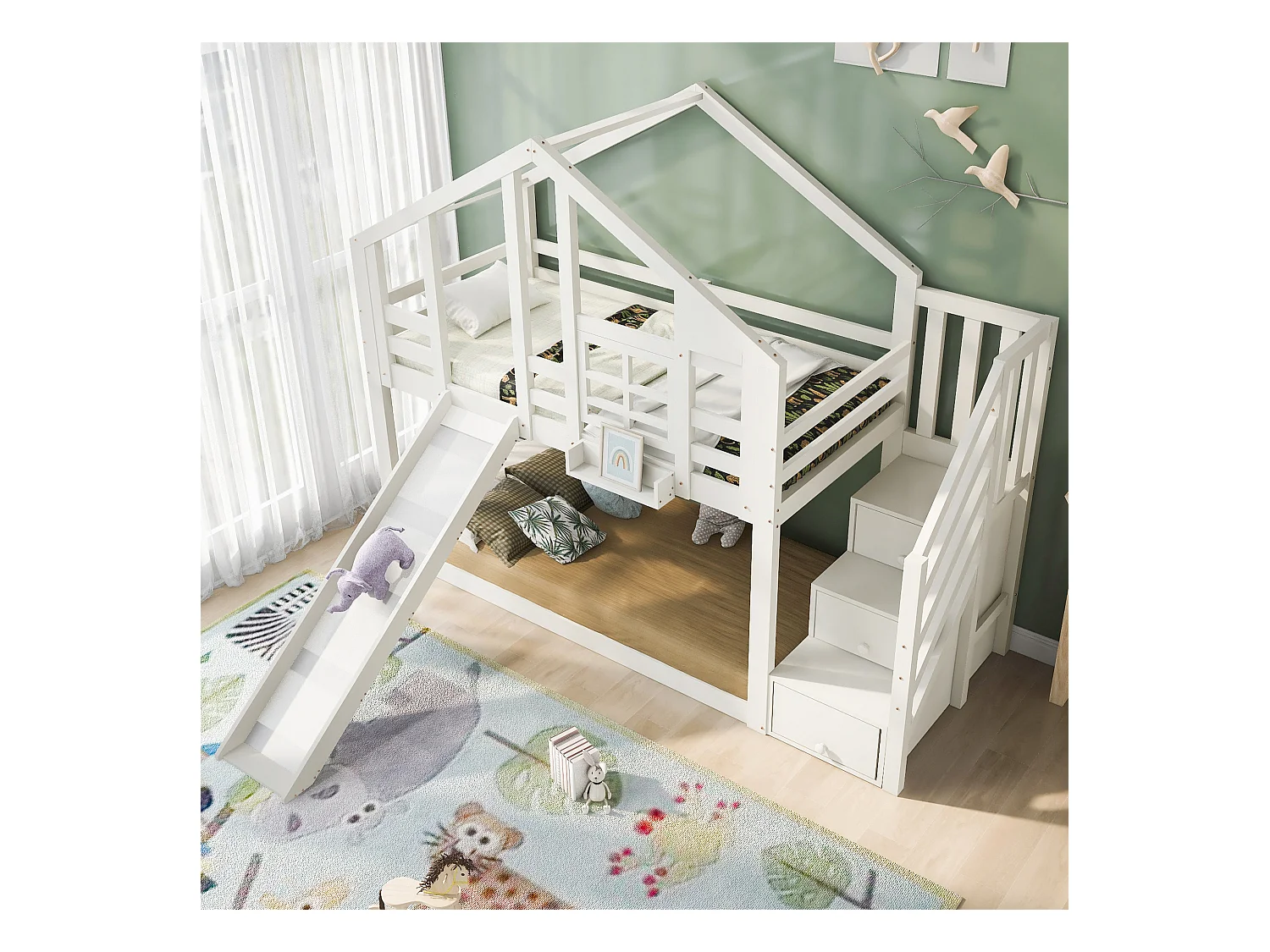 Letto a castello per bambini a forma di casa sull'albero con scivolo e protezione, in legno massello e MDF, bianco (90x200 cm)