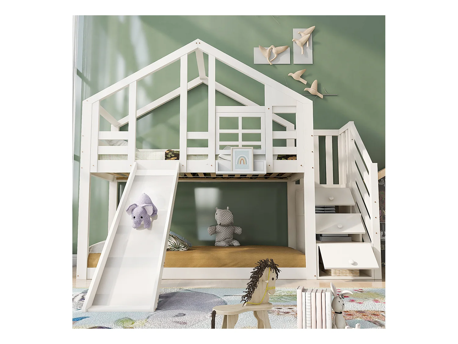 Letto a castello per bambini a forma di casa sull'albero con scivolo e protezione, in legno massello e MDF, bianco (90x200 cm)