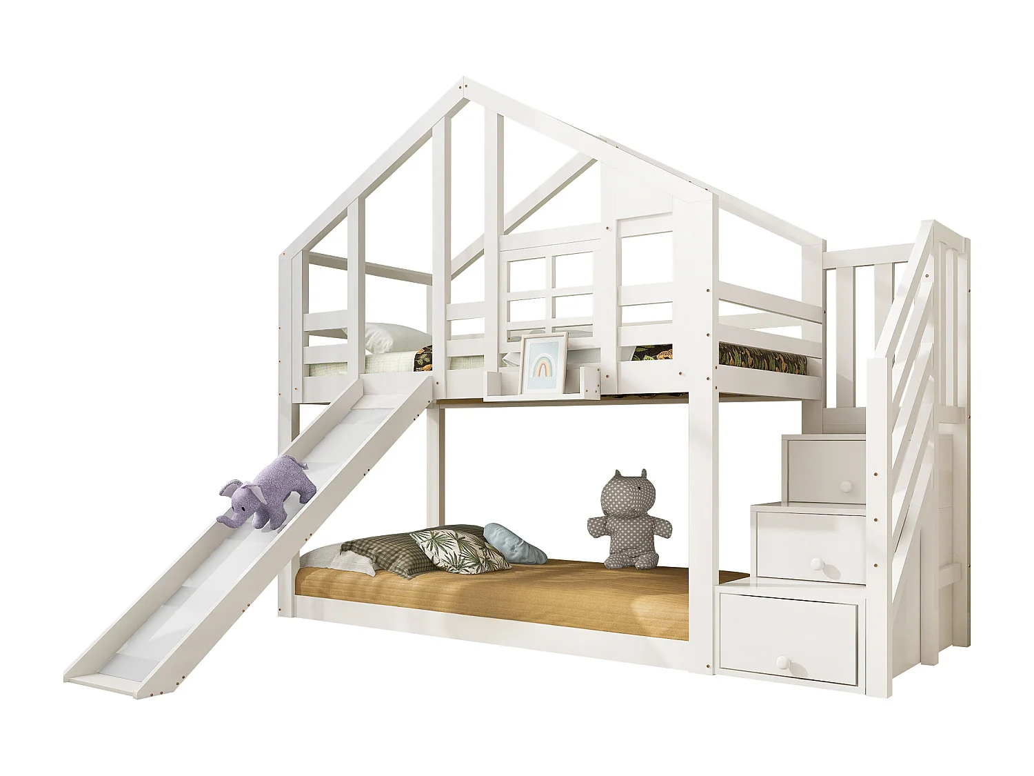 Lit superposé maison arbre pour enfants avec toboggan et protection, bois massif et MDF, blanc (90x200 cm)