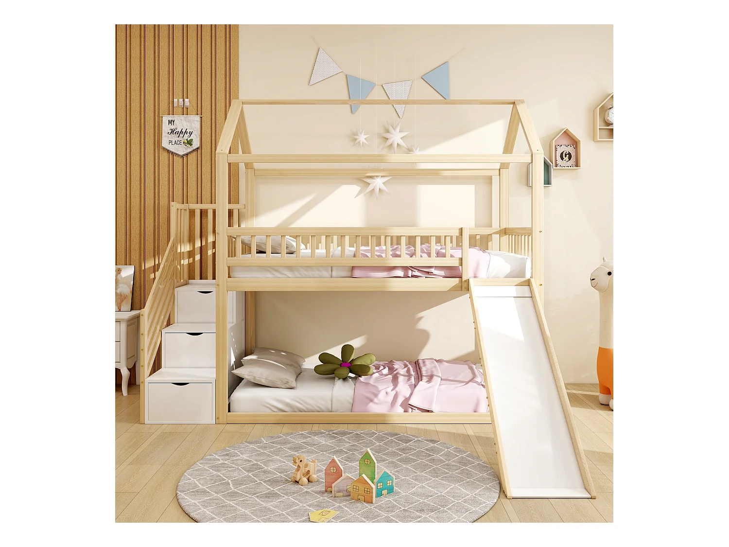 Lit superposé enfant avec toboggan et échelle de rangement, construction sécurisée en bois massif, couleur bois naturel (253x95x206.7cm)