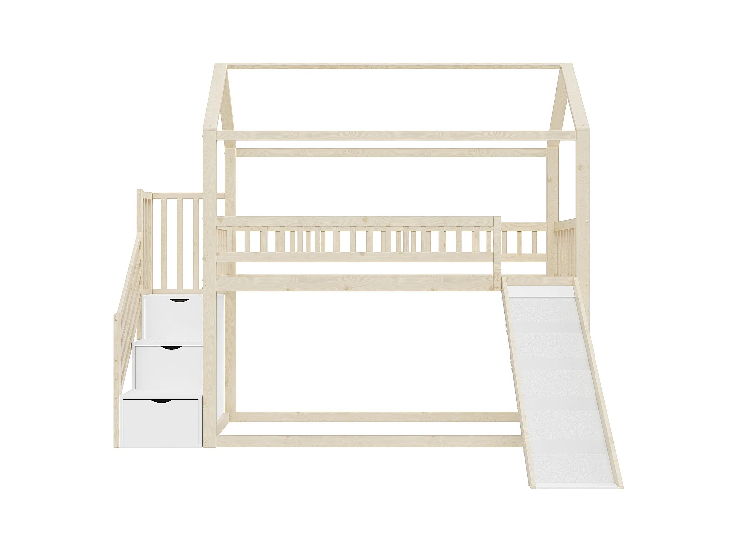 Lit superposé enfant avec toboggan et échelle de rangement, construction sécurisée en bois massif, couleur bois naturel (253x95x206.7cm)