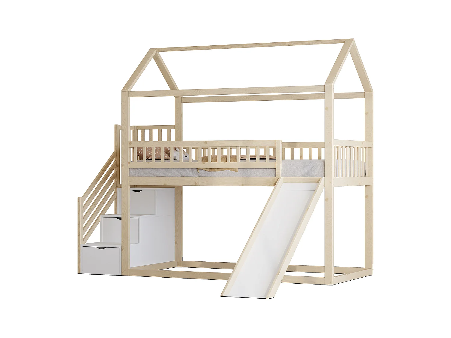 Lit superposé enfant avec toboggan et échelle de rangement, construction sécurisée en bois massif, couleur bois naturel (253x95x206.7cm)