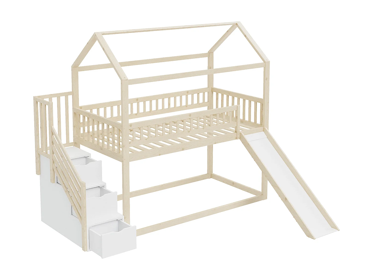 Letto a castello per bambini con scivolo e scaletta portaoggetti, struttura in legno massello sicuro, colore legno naturale (253x95x206,7cm)