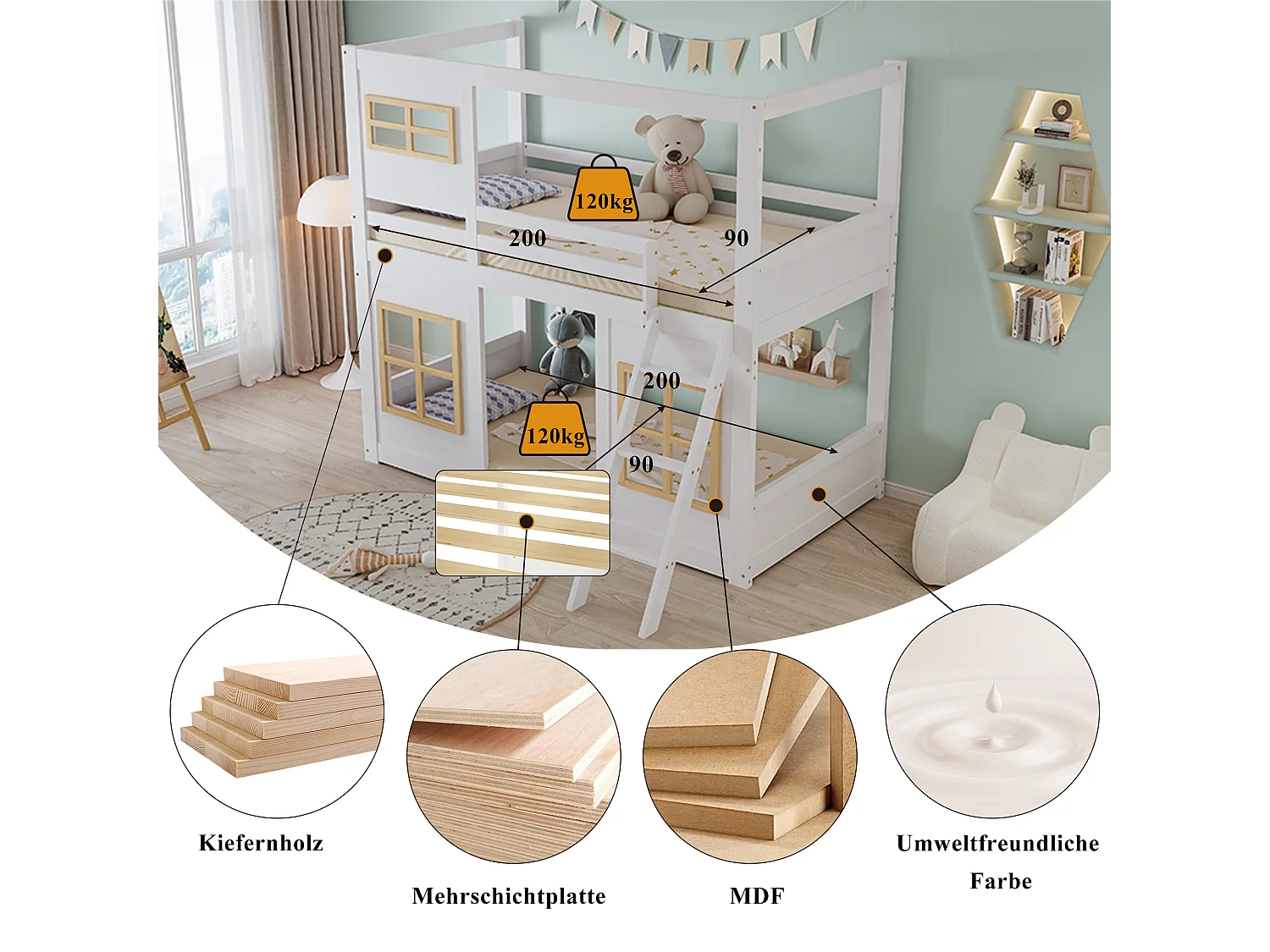 Lit superposé enfant avec fenêtres, échelle stable, barrières, pin+MDF+CP, blanc+naturel (205x152.5x185cm)