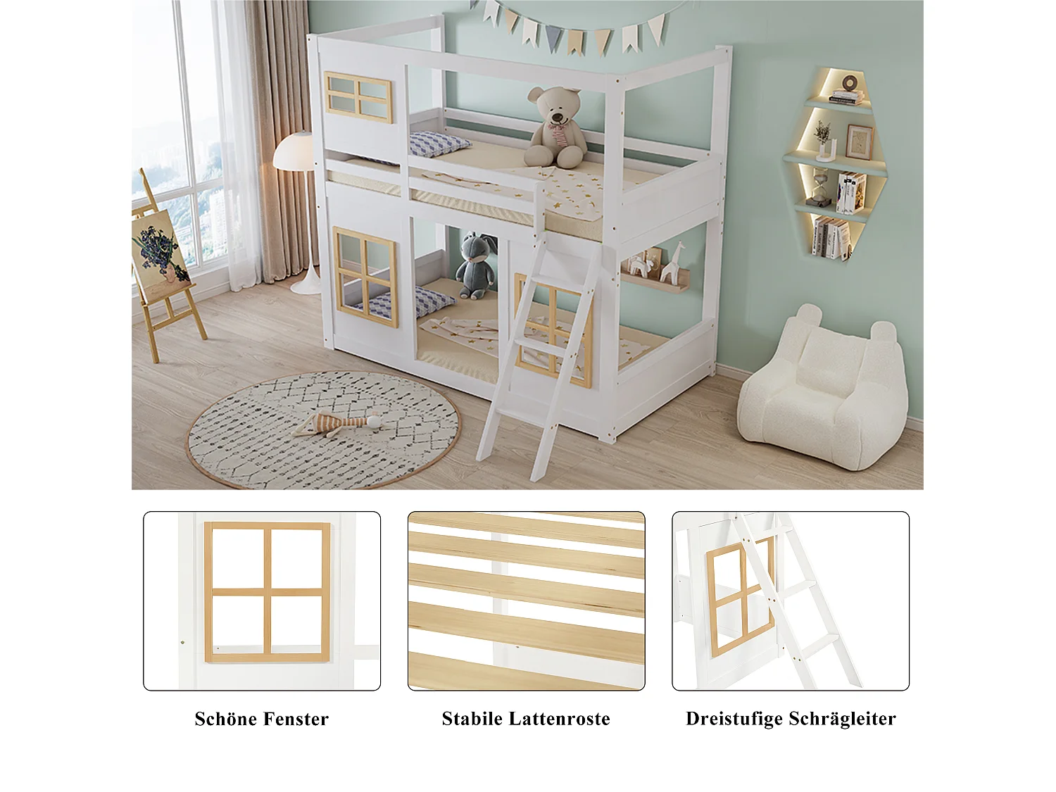 Lit superposé enfant avec fenêtres, échelle stable, barrières, pin+MDF+CP, blanc+naturel (205x152.5x185cm)